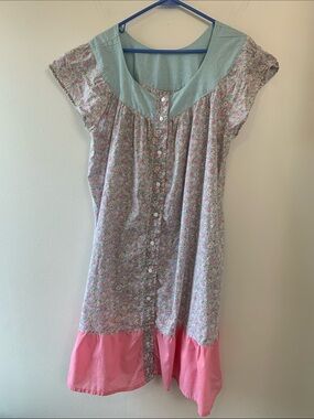 Homemade Snap Front Nightdress with Mint Yoke and Pink Hem, Lightweight Cotton
